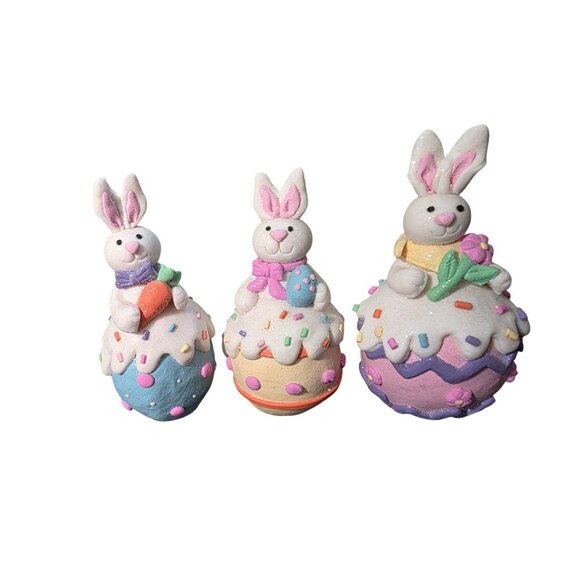 3 Sugared Glitter Bunny Rabbits Easter Eggs Decor Figurine - Picture 9 of 10